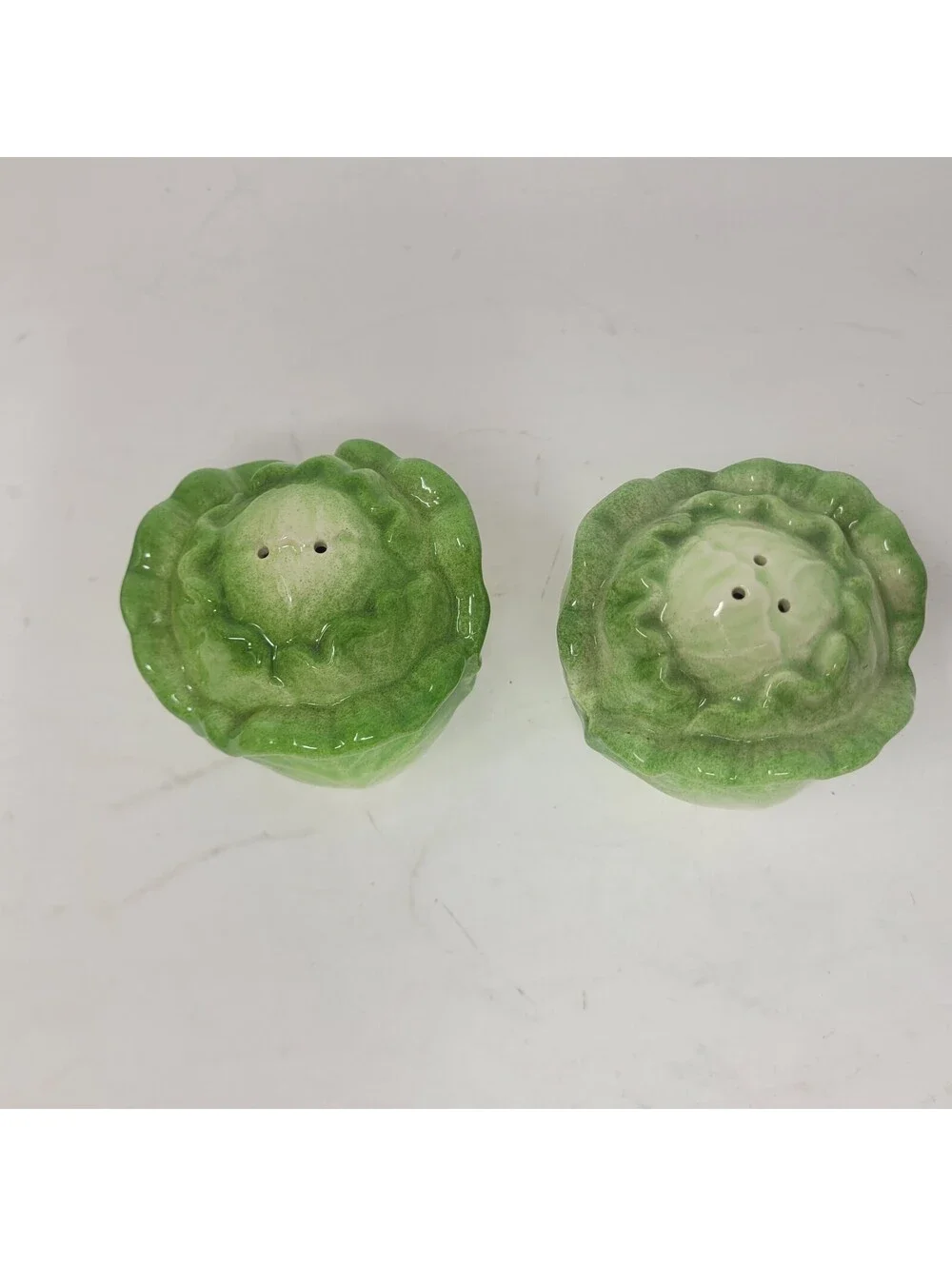 Vintage Ceramic Cabbage Lettuce Head Salt Pepper Shakers Majolica Style